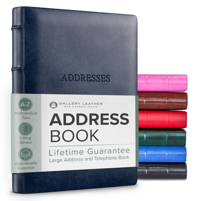 Gallery Leather Large Address Book with Alphabetical Tabs up to 480 Records  Leather Notebook Hardcover  Telephone and Address Books - 9x7  Desk Address  Acadia Navy - Image 1